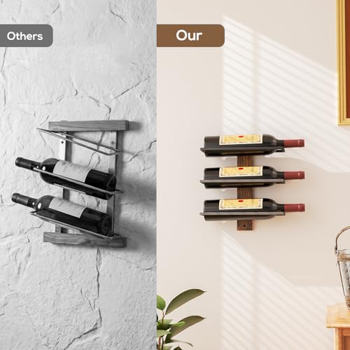 Wall Mounted Wine Rack - 3 Bottle Wood and Metal Display Shelf for Small Spaces