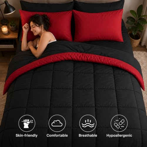 7-Piece Queen Comforter Set - Reversible Red & Black Bed in a Bag