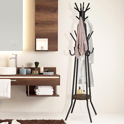 Industrial Standing Coat Rack with 20 Hooks and Storage Shelf, Rustic Brown