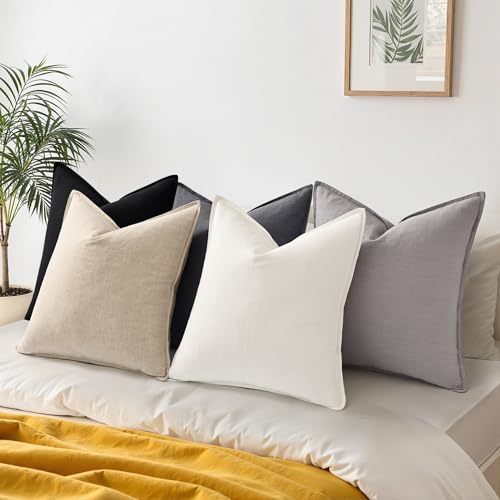 decorUhome Beige Linen Throw Pillow Covers 20x20 Set of 2 with Flange Edge