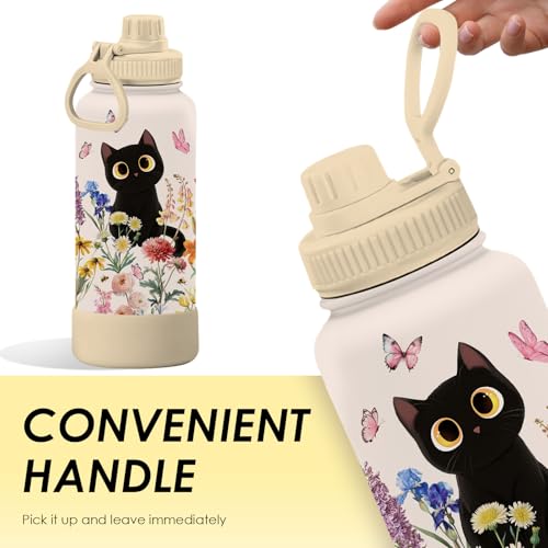 Xiiai Black Cat Water Bottle 34oz with Floral Design for Cat Lovers - Variation Cat-Flower1