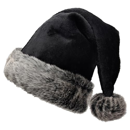 Black Santa Hat for Adults Plush Christmas Headwear Holiday Party Accessory