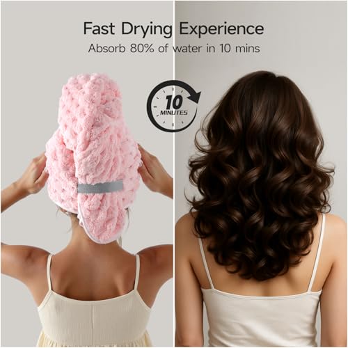 REDKISS 3-Pack Microfiber Hair Towels for Women - Extra Large 24x42 Inch Pink, Grey & Blue, Soft Fast-Dry Wraps with Elastic Band