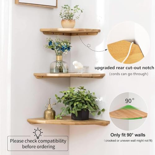 Set of 2 Solid Oak Wood Floating Corner Shelves, 7-Inch Wall Mount Shelf