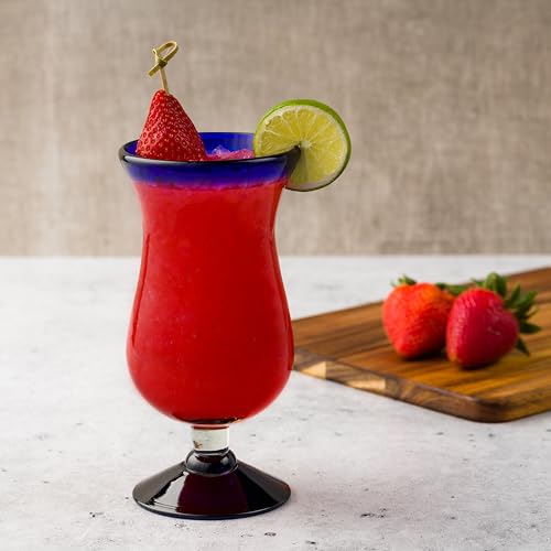 Handblown Mexican Glass Hurricane with Cobalt Rim - Set of 6, Eco-Friendly, Lead-Free
