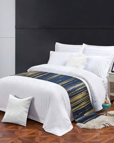 Navy Blue & Gold Line Satin Bed Runner - Modern Bed Scarf for Queen Bed