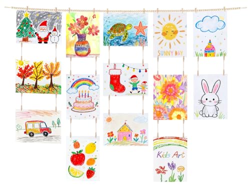 Kids Artwork Wall Display, Boho Wooden Bead Garland with 34 Clips