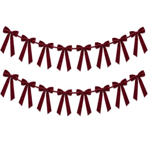 GAJILON 2 Pack Flocked Christmas Tree Bow Garlands - Wine Red