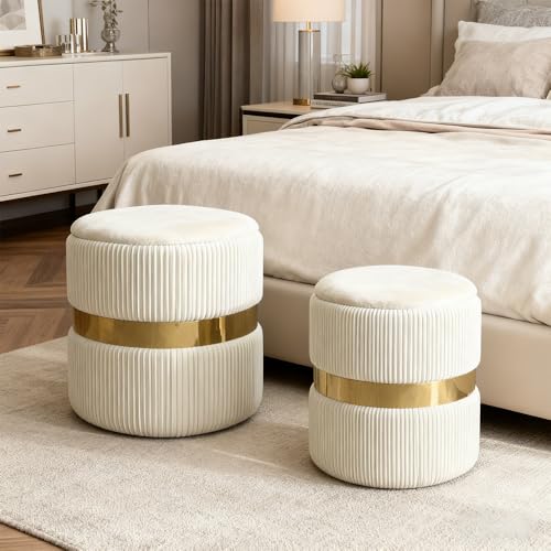Set of 2 Round Velvet Storage Ottomans with Removable Lids, White