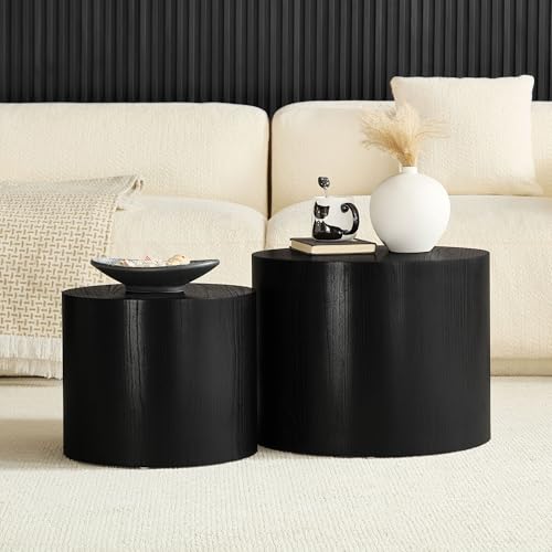 Set of 2 Round Nesting Coffee Tables - Modern Oak Wood Accent End Tables
