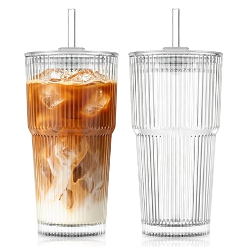 20oz Ribbed Glass Tumbler with Lid and Straw - Reusable Iced Coffee Cup