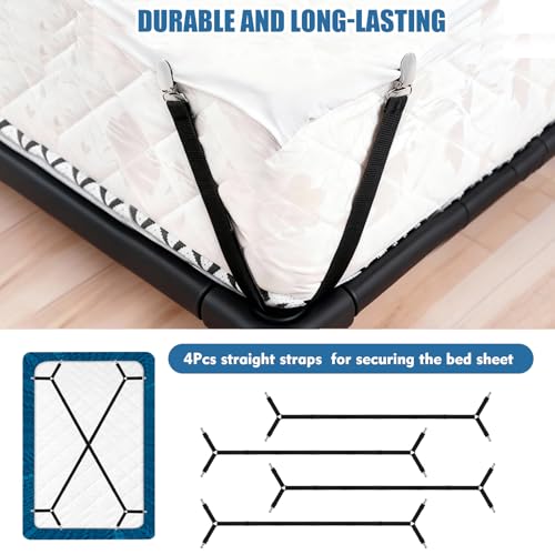 Adjustable Bed Sheet Straps with Metal Clips - 4 Pack Elastic Fasteners