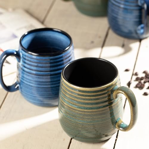 Large 20 oz Ceramic Coffee Mug Set - Green Stripe, Dishwasher Safe