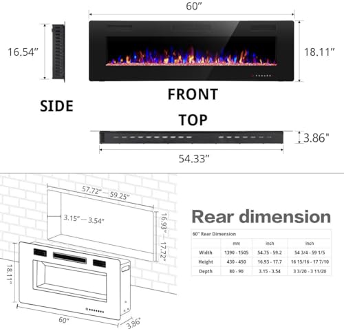 60-Inch Recessed and Wall Mounted Electric Fireplace with Remote