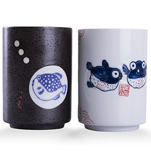 WHJY 10oz Puffer Pattern Handle-less Ceramic Tea Cups Set of 2 - Chinese/Japanese Style