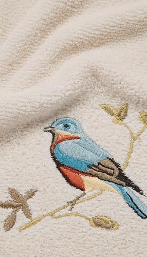 Embroidered Songbird Fingertip Towels, 100% Cotton Velour Set of 2