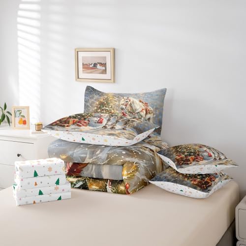 Feelyou Merry Christmas 7-Piece Full Bed in a Bag Set, White/Green