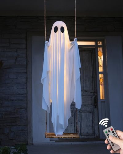 Outdoor Hanging Swing Ghost Halloween Decor with Remote LED Lights
