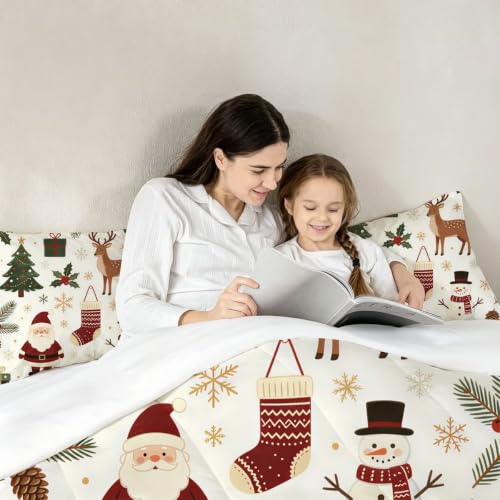 Kids Christmas Comforter Set Full - DJNEAR Santa Snowman Bedding 79x90in