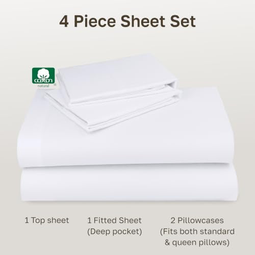100% Cotton Sateen Queen Sheet Set - 4 Piece Soft Deep Pocket Bedding, White
