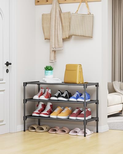 Kitsure 3-Tier Stackable Shoe Rack - 27.5" Wide Black Metal & Fabric Shelf