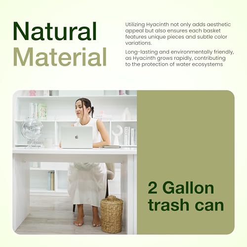 Handwoven Water Hyacinth Bathroom Garbage Can with Lid, 2 Gallon Wicker Bin