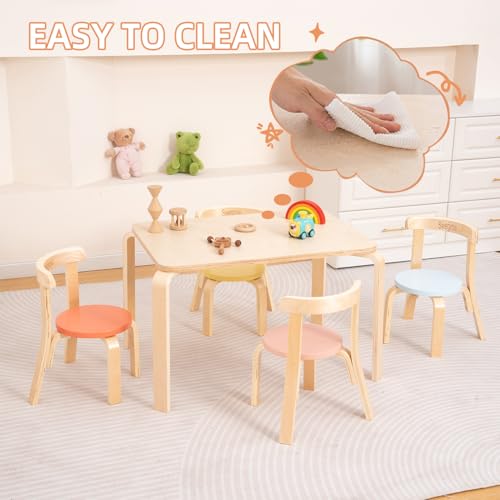 Kids Wooden Table and 4 Chairs Set - Natural & Pastels, Toddler Furniture for Playroom & Home