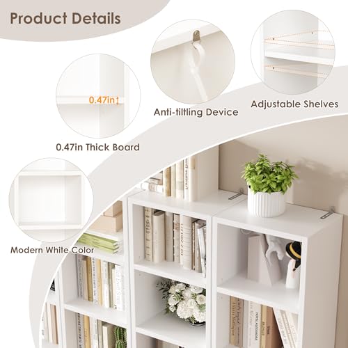 8-Tier Tall Narrow Bookshelf, White Slim Media Storage Tower with Adjustable Shelves