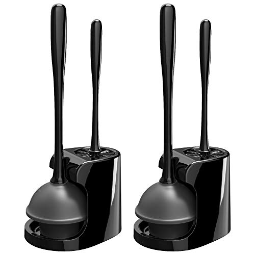 Heavy-Duty Toilet Plunger and Bowl Brush Set with Holder, Black (2-Pack)