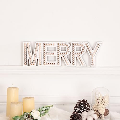 Merry Christmas Sign, Free Standing Wooden Small Christmas Centerpieces For Tables, Rustic Merry Letter Christmas Decorations, Beaded Farmhouse Meery Christmas Wall Decor