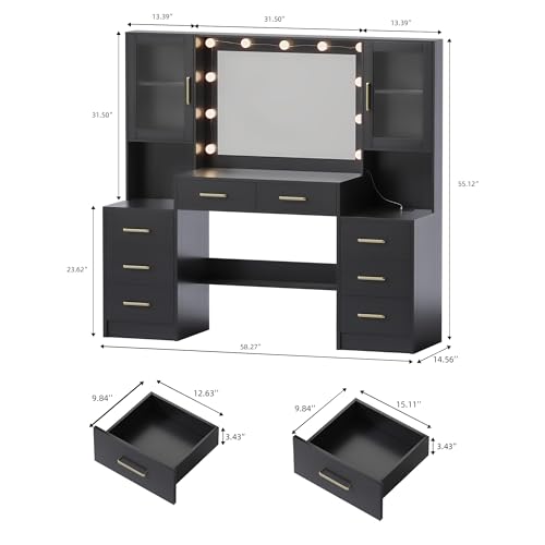 Large Black Vanity Desk with Lighted Mirror, Charging Station and 8 Drawers