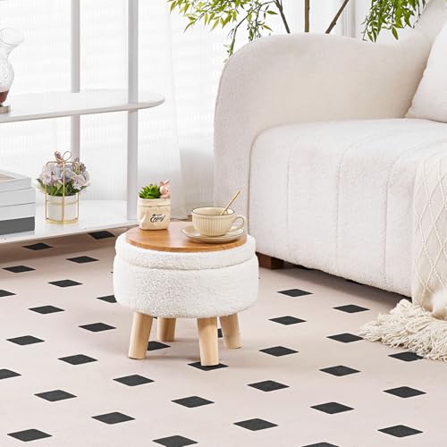 Round Teddy Velvet Storage Ottoman with Wood Legs, Cream Footstool