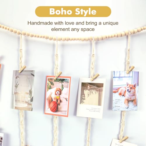 Boho Macrame Hanging Photo Display with LED Lights and 50 Wooden Clips