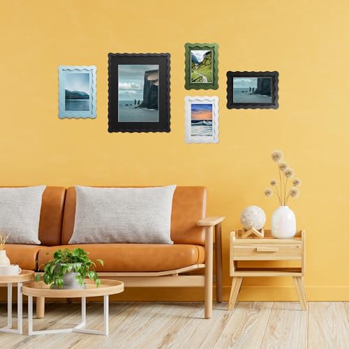Chrspk 8x8 Yellow Wavy Picture Frame with 6x6 Mat, Real Glass