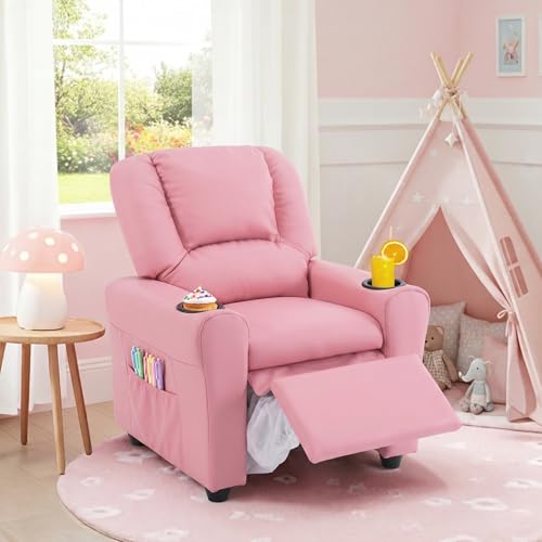 Kids Recliner Chair with Cup Holders and Storage, PU Leather Toddler Sofa