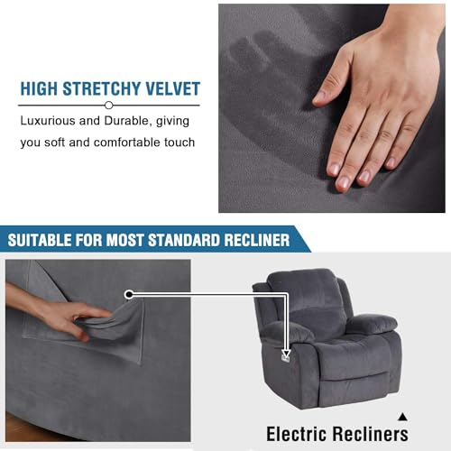 Luxury Velvet Recliner Chair Cover, Anti-Slip & Machine Washable - Grey, Large