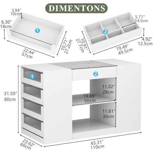 Modern Closet Island with 10 Drawers, Glass Top, and LED Lighting - White