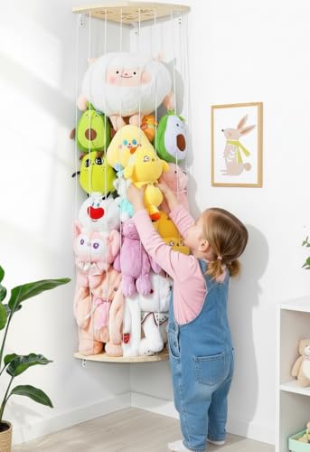 Wooden Stuffed Animal Corner Storage Organizer, Adjustable Wall Mount