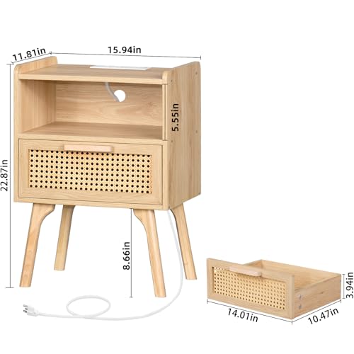 Rattan Nightstand with Charging Station, Boho Side Table with Drawer