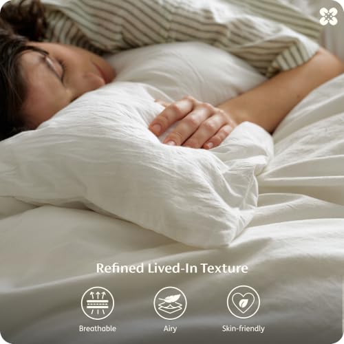 100% Washed Cotton Duvet Cover Set - King Size, 3-Piece, Linen Texture