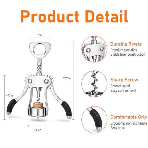 Heavy-Duty Zinc Alloy Wing Corkscrew & Bottle Opener - Ergonomic & Dishwasher Safe