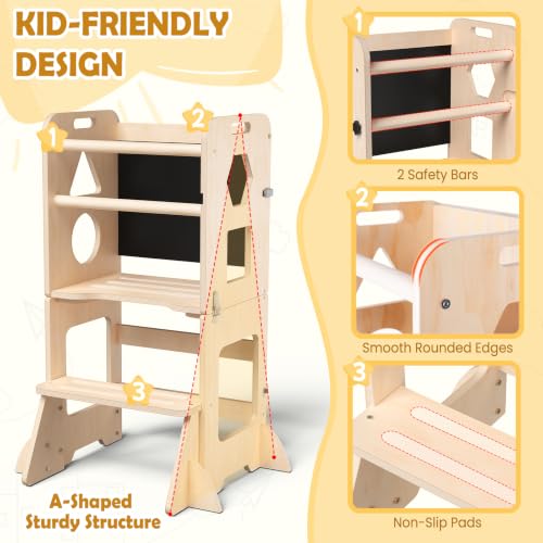 4-in-1 Wooden Toddler Learning Tower & Kitchen Step Stool with Blackboard