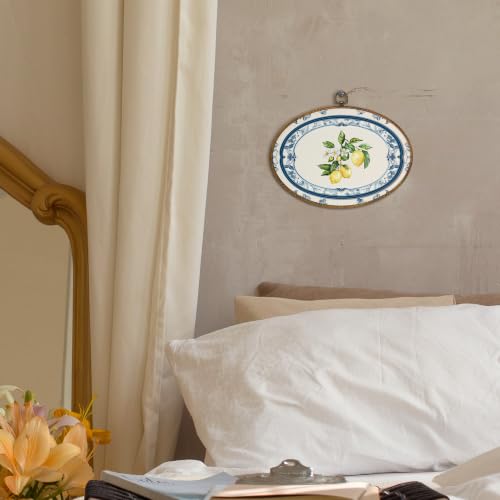 Chinoiserie Lemon Oval Wall Art, Framed Blue and White Floral Canvas Decor