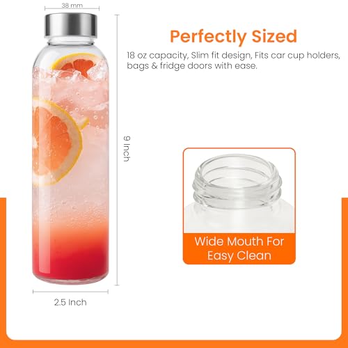 18oz Glass Juice Bottles with Stainless Steel Lids, 6-Pack Set