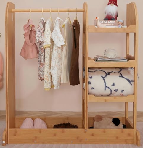 Kids Wooden Dress-Up Storage Wardrobe with Mirror and Hanging Rack