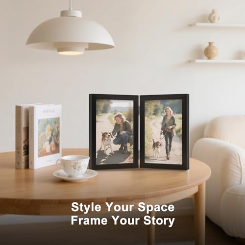 4x6 Double Picture Frame - Black Wooden Hinged Photo Frame for Tabletop