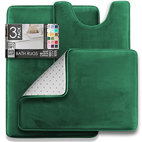 Clara Clark 3-Piece Memory Foam Bath Rug Set - Green Non-Slip Velvet Mats