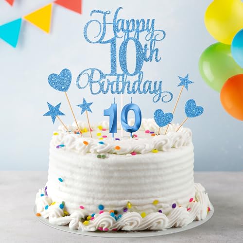 10th Birthday Cake Decoration Set with Number 10 Candle and Glitter Toppers