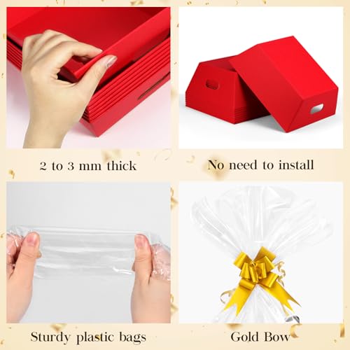 Red Gift Basket Set 10 Pack - Thick Kraft, Includes Bows & Bags