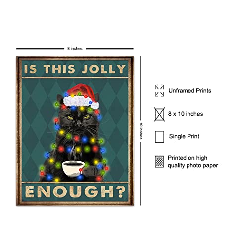 Cat Christmas Wall Art - Unframed 8x10 Black Cat Santa Holiday Decor